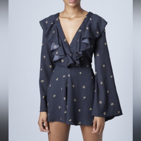 Topshop Pants - Topshop Navy Blue and Cream Floral Ruffle Long Sleeve Romper 6